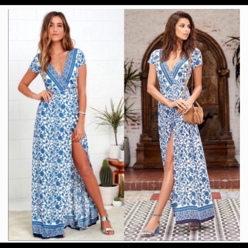 Lulu’s Medium Blue Floral Print Wrap Maxi Dress